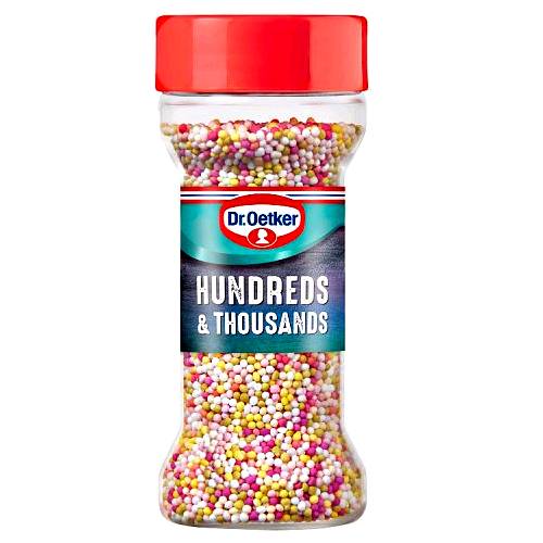 Hundreds and Thousands - Hundreds and Thousands or Nonpareils are a decorative confectionery of tiny balls made with sugar and starch traditionally an opaque white but now available in many colors.