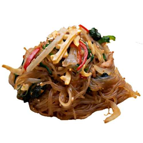 Japchae - Japchae is a savory and slightly sweet dish of stir-fried glass noodles and vegetables that is popular in Korean cuisine.