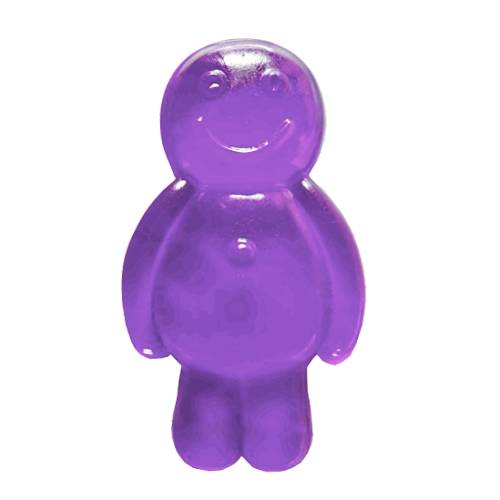 Jelly baby with plum flavour made with gelatin and sugar with a gummi soft candy and is sweet jelly with a black plum flavour.
