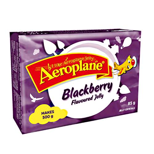Blackberry jelly made by mixing jelly powder with hot water and mixed then cooled until set with dark purple color and blackberry flavour.