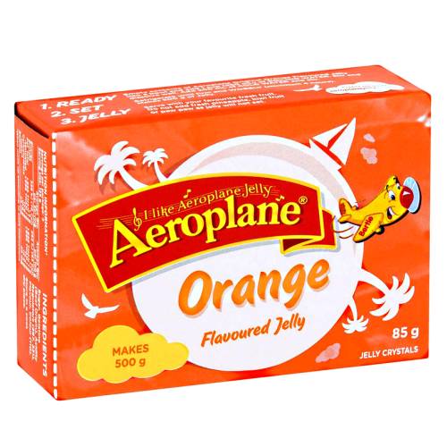 Orange jelly made by mixing with hot water the alowed to cool and is a bright orange color and with a full orange taste.