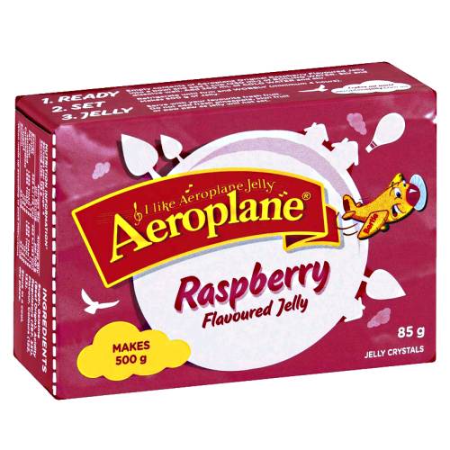 Raspberry jelly is made by adding hot water to a raspberry jelly powder and mixed and chilled until firm and comes in a rich red color.