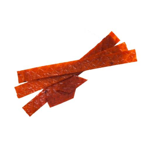 Salmon Jerky is lean trimmed meat that has been cut into strips and dehydrated to prevent spoilage.