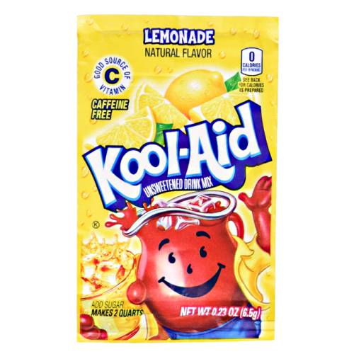 Kool Aid Lemonade - Lemonade Kool Aid powder with tart citrus flavoured and strong yellow color.