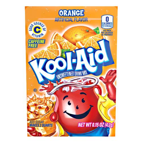 Kool Aid Orange - Orange flavoured Kool Aid powder is sold in powder form in either packets or small tubs best served with ice or refrigerated and served chilled.
