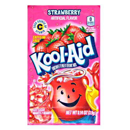 Kool Aid strawberry powder with rich strawberry flavoured and rich pink color.