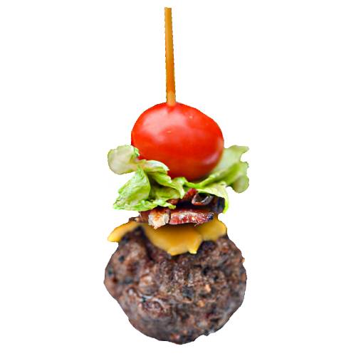 Meat Ball Beef Burger - Beef Burger Meat Ball is a meat ball topped with a stick of lettuce cherry tomato backon and cheese.