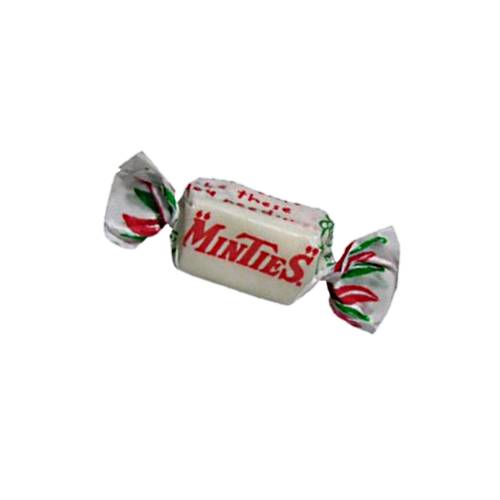 Mintie - Minties is a hard white and chewy rectangular mint flavoured lolly which on chewing become so sticky that they are notorious for causing fillings to come out.