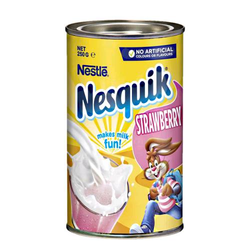 Strawberry Nesquick is a strawberry flavoured drinking powder.