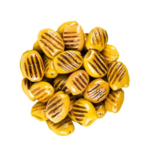 Grilled olives are cooked on a bar grill until lightly chared and full of a BBQ flavour.