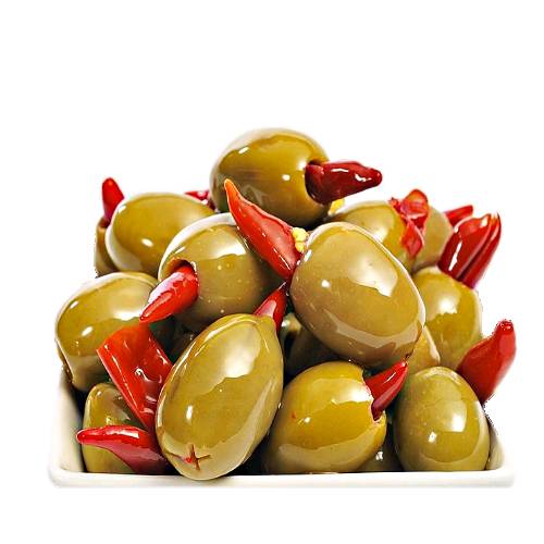 Olive stuffed with spicy or not spicy chili.