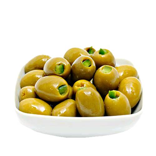 Green jalapeno stuffed olives with green jalapeno chili pepper.