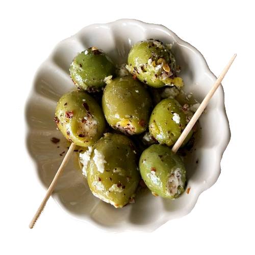 Olive Stuffed Piccante - Piccante Stuffed Olive is an olive cleaned from its seed then stuffed with spicy stuffing then marinated in a spicy oil.