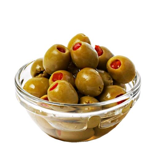 Pimento stuffed olives is a pitted aged olive stuffed with bright red pimento pepper.