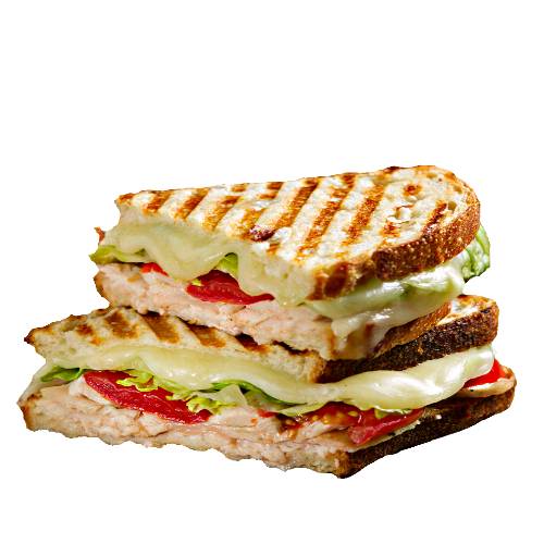 Chicken panini with roasted chicken and salad on toasted bread.