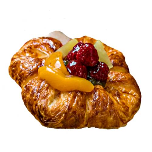 Pastry Danish Fruit Mixed is a multilayered laminated sweet pastry in the viennoiserie tradition topped with a mixture of fruits.