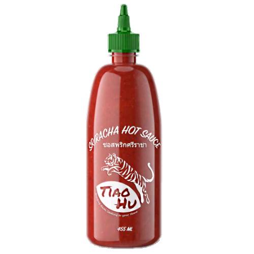 Tiao Hu Sriracha Hot Sauce with a rich chilli pepper taste and bright red in color.