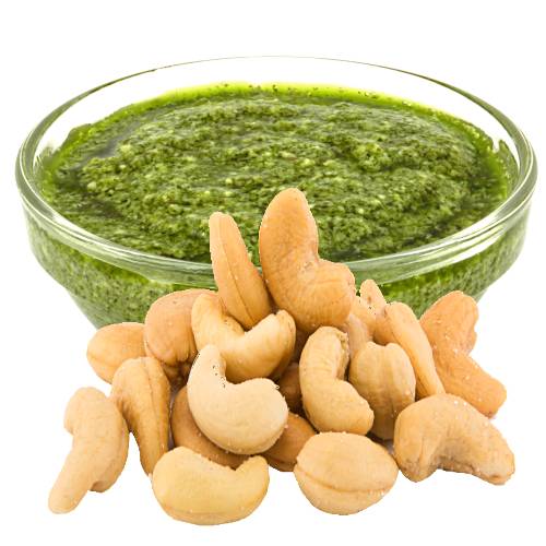 Pesto Cashew Nut - Cashew Nut Pesto is a paste or pulp mixed with roasted garlic strong cheese and oil lemon juice salt and pepper with crushed cashew nuts and alot of blanched pasley.