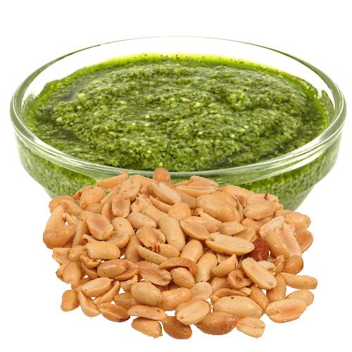 Pesto Peanut - Peanut Pesto is a paste made from ground cashew nut and oil and roasted garlic and green herbs with an acid like lemon juice and salt and pepper.