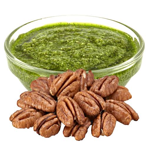 Pesto Pecan Nut - Pecan Pesto is a paste made with green leaves oil pecan nuts and garlic salt and pepper and an acid like lemon jucie into a cream paste sauce.