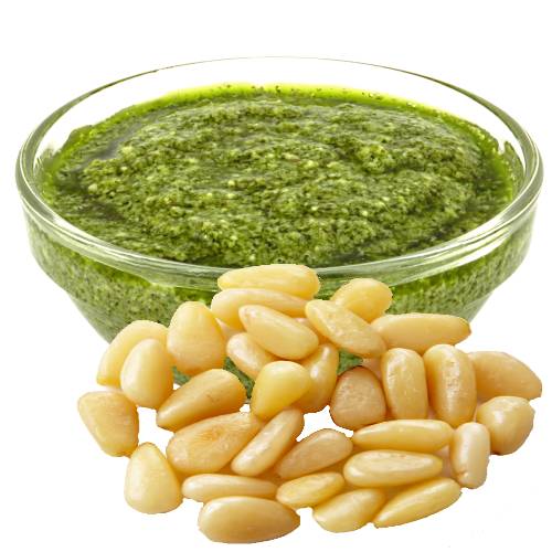 Pesto Pine Nut - Pine Nut Pesto is made by mixing pine nuts with lemon juice garlic cheese and basil with a good splash of oil then mashed into a thick paste.