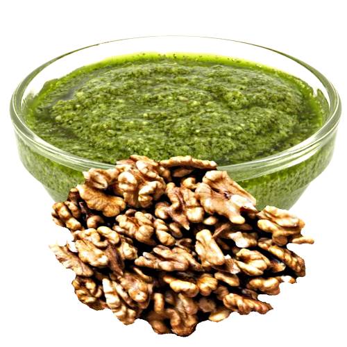 Pesto Walnut - Walnut Pesto is a paste made from ground walnuts and oil and roasted garlic and green herbs with an acid and salt and pepper.