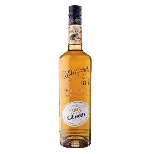 Giffard rhubarb liqueur made from infusion of green and red rhubarb chunks.