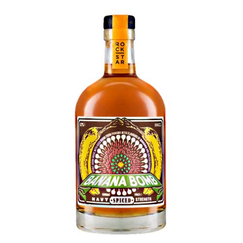 Rockstar Spirits banana bomb navy strength spiced rum with banana baking spices and salted caramel.