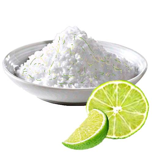 Lime Salt is sodium chloride rubed with the skin of lime to release the oils from the lime peel into the salt with bits of skin to give a strong lime scent.