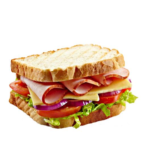 Ham toasted sandwich with a good smoked ham with salad goods on toased bread and no cheese for me just mustard sauce.
