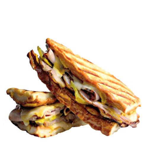 Pork toasted sandwich is ham or pulled pork on a toasted bread with salad and sauces.