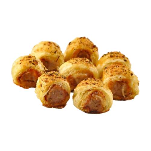 Sausage roll with mince meat herbs and spices wrapped in pastry.