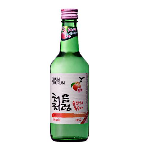 Lotte Liquor Chum Churum Peach flavoured Chum Churum soju that is widely popular in Korea. This brand is the original product that started the fruit flavoured soju popularity. With a mild alcohol content of 12 percent it is much easier to drink with just the right amount of peach flavour and sweetness.