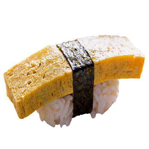 Sushi Nigiri Tamago - Sushi Nigiri Tamago is sushi rice topped with sliced cooked egg and wrapped around with a strip of nori seaweed.