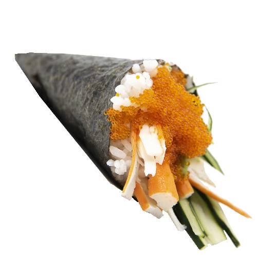 California Temaki Sushi is nori in a cone shap stuffed with rice cucumber crab meat and avocado.