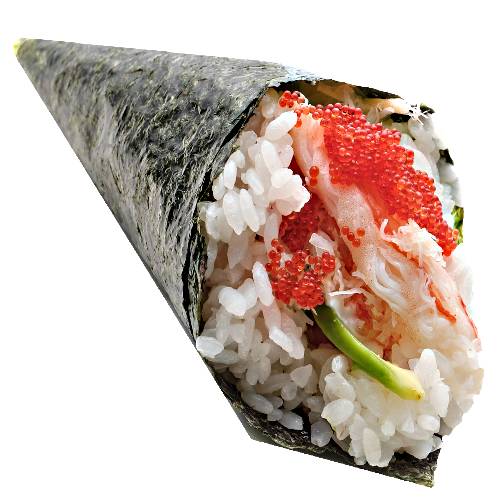 Crab Temaki Sushi is nori seaweed with sushi rice and crab and veg rolled into a cone shape.