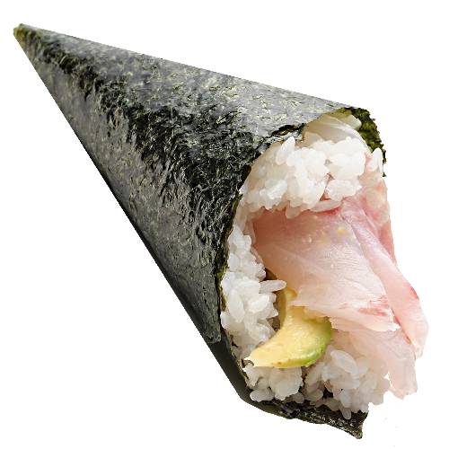 White Fish Temaki Sushi is white fish wrapped with short grain rice and seaweed into a long cone shape.