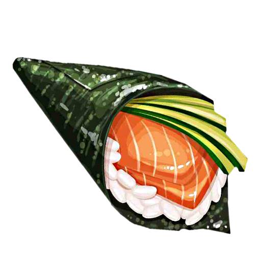 Sushi Temaki Saki - Saki Temaki Sushi is nori seaweed rolled with thin slices of salmon and avocado all on a bed of white rice.