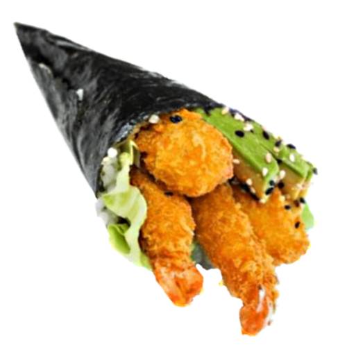 Tempura Coconut Prawn Temaki Sushi is a cone shaped nori filled with rice and Prawns crumbed with coconut tempura.