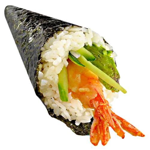 Tempura Prawn Temaki Sushi is a tempura prawn wrapped in rice and nori seaweed with light crispy vegetables.