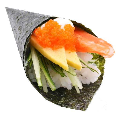 Tofu Seafood Temaki Sushi is seaweed made into a cone with seafood and tofu.