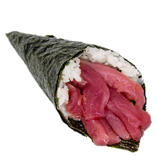 Sushi Temaki Tuna is nori shaped into a cone filled with rice and thin slices of tuna.