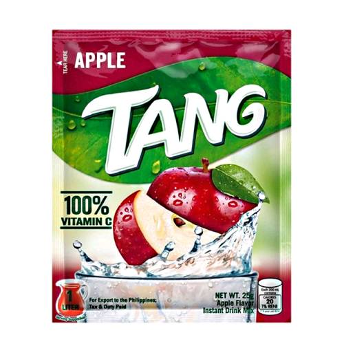 Apple Tang powder is a apple flavoured artificial drink powder sweetened with sugar source of vitamin C.