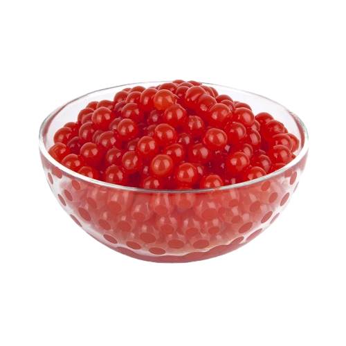 Tapioca balls flavored with cherry in a bright red cherry color also called tapioca pearls or boba or bubble.