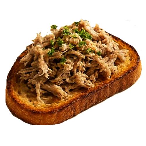 Toast Rillette Duck - Duck Rillette Toast is toasted bread topped with a slow cooked duck meat with other flavours until tender.