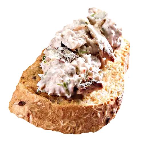 Toast Rillette Tuna - Tuna Rillette Toast is a slice of toasted bread topped with a mixture of cooked then chilled tuna nixed with other flavours.