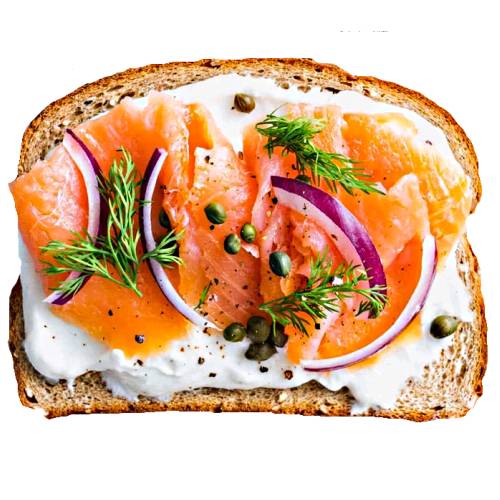 Gravlax Salmon Toast is best with toast coated with a soft chesse and thin slices of graclax.