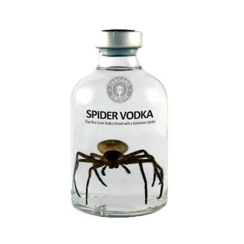 Vodka Spider - Spider and rice grain vodka infused with a huntsman spider Heteropoda Venatoria. The vodka is steeped for several months which then imparts a unique flavour into the liquor.