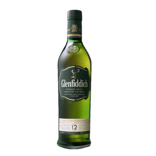 Scotch Whisky Glenfiddich 12 years this signature single malt by Glenfiddich the pioneer of the prestigious single malt category offers a distinctive fresh and fruity nose with a hint of pear followed by a palate of butter scotch.