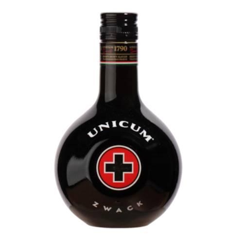 Zwack Unicum Liqueur - Zwack Unicum liqueur containing more than forty herbs that is aged in oak casks for at at least six months before bottling.